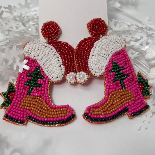 Handmade Beaded  Earrings - Pink Boots Holiday Jewelry