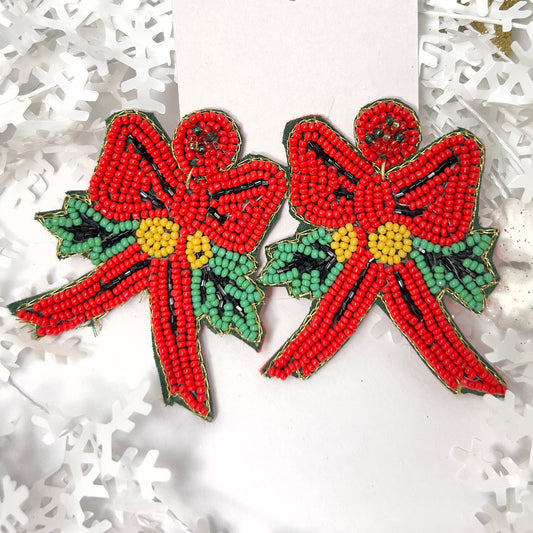 Handmade Beaded  Earring, Bow Red and Green