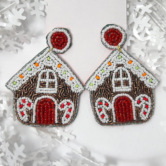 Handmade Beaded  Earring, Gingerbread House Metallic and White