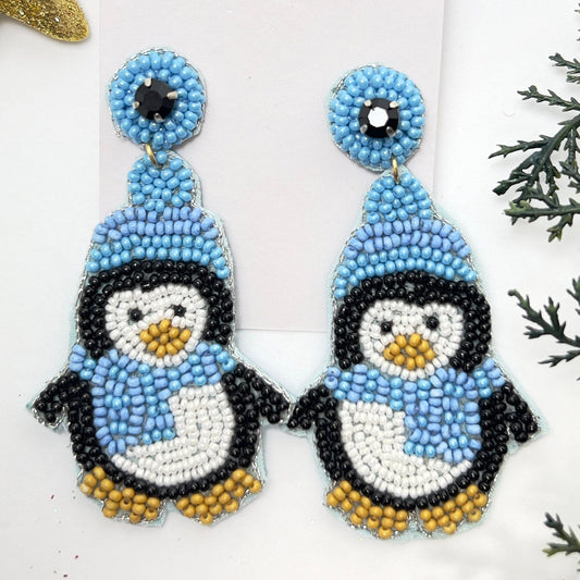 Handmade Beaded  Earring, Penguin Blue and white