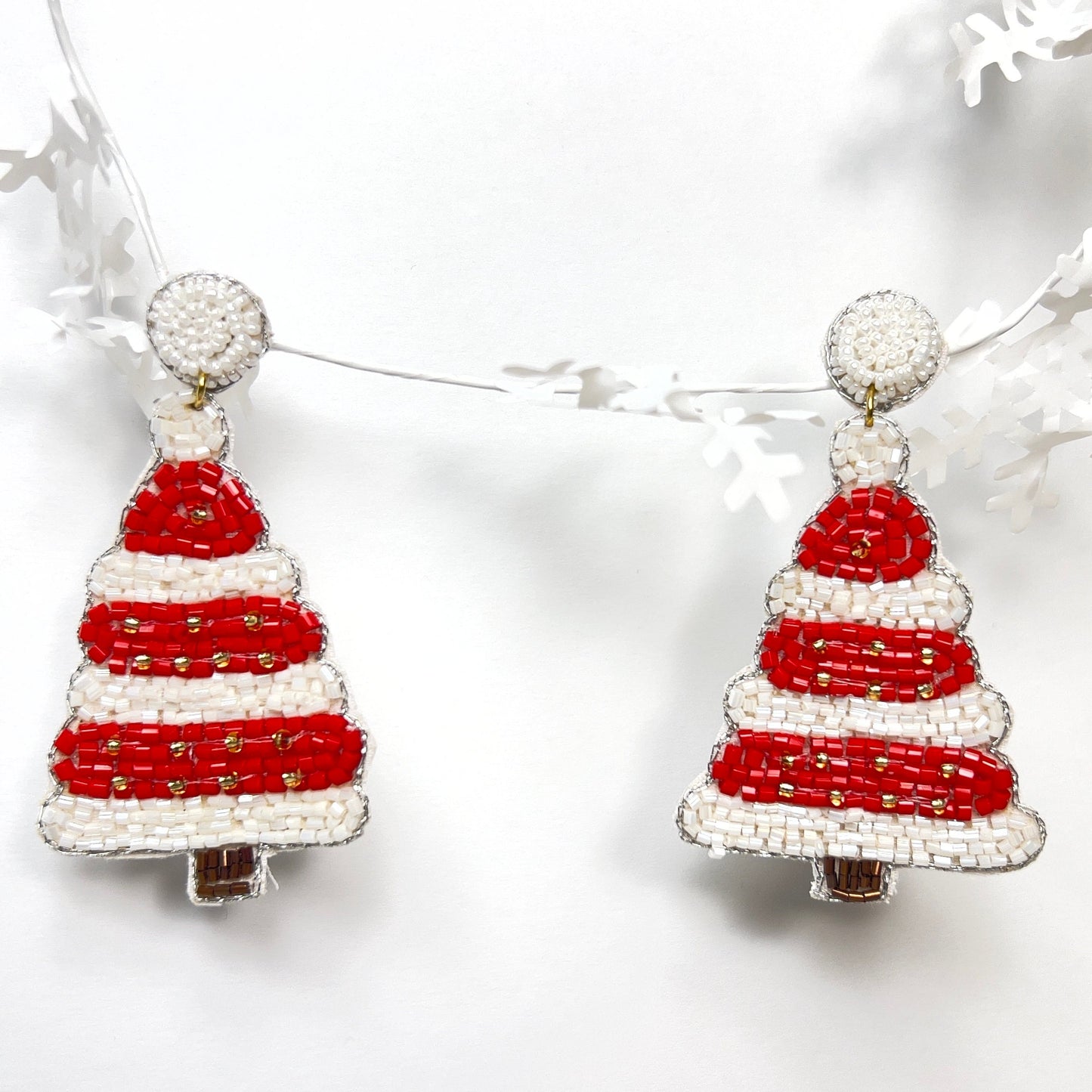 Handmade Beaded  Earring,  Tree Red & White