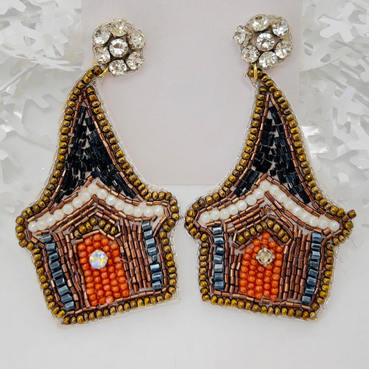 Handmade Beaded  Earring, GingerBread House Metallic