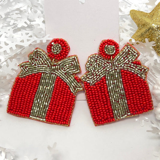 Glamorous Red Gift Box Earrings - Handmade Beaded Statement Jewelry for Stylish Celebrations