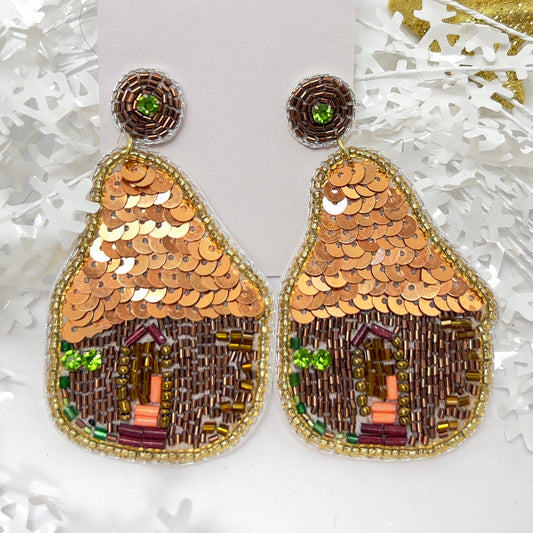 Handmade Beaded  Earring,  Gingerbread House Rustic Gold