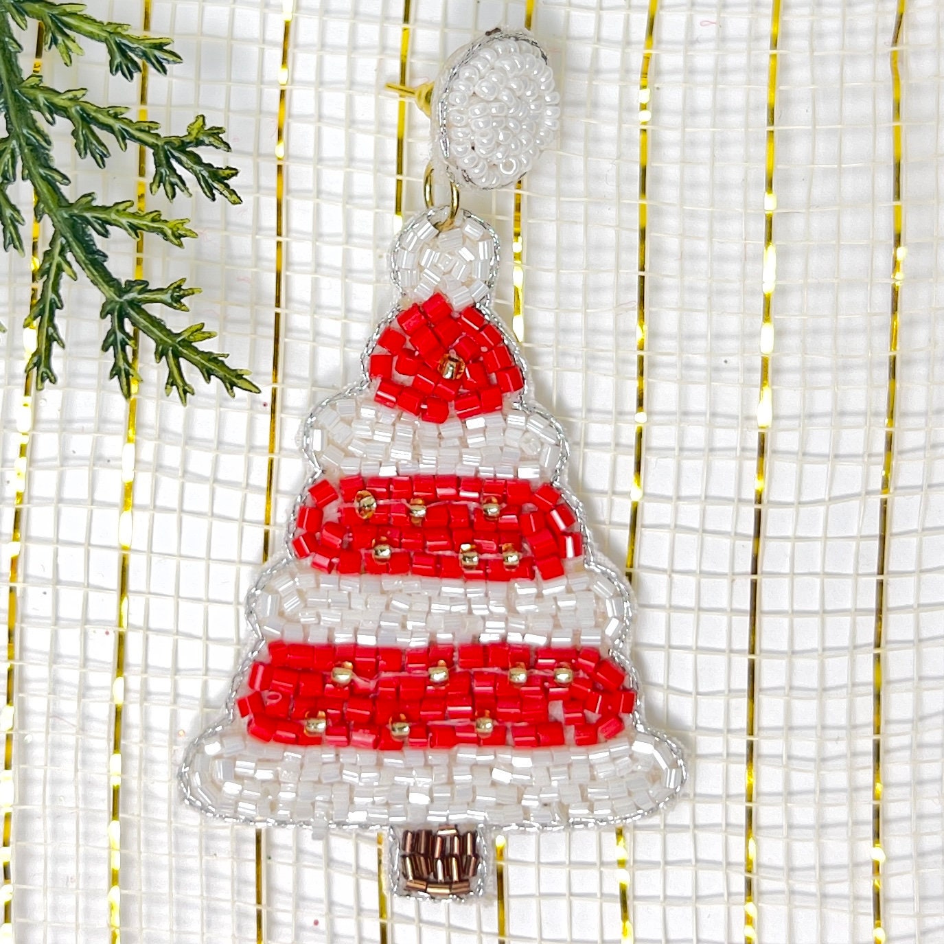 Handmade Beaded  Earring,  Tree Red & White