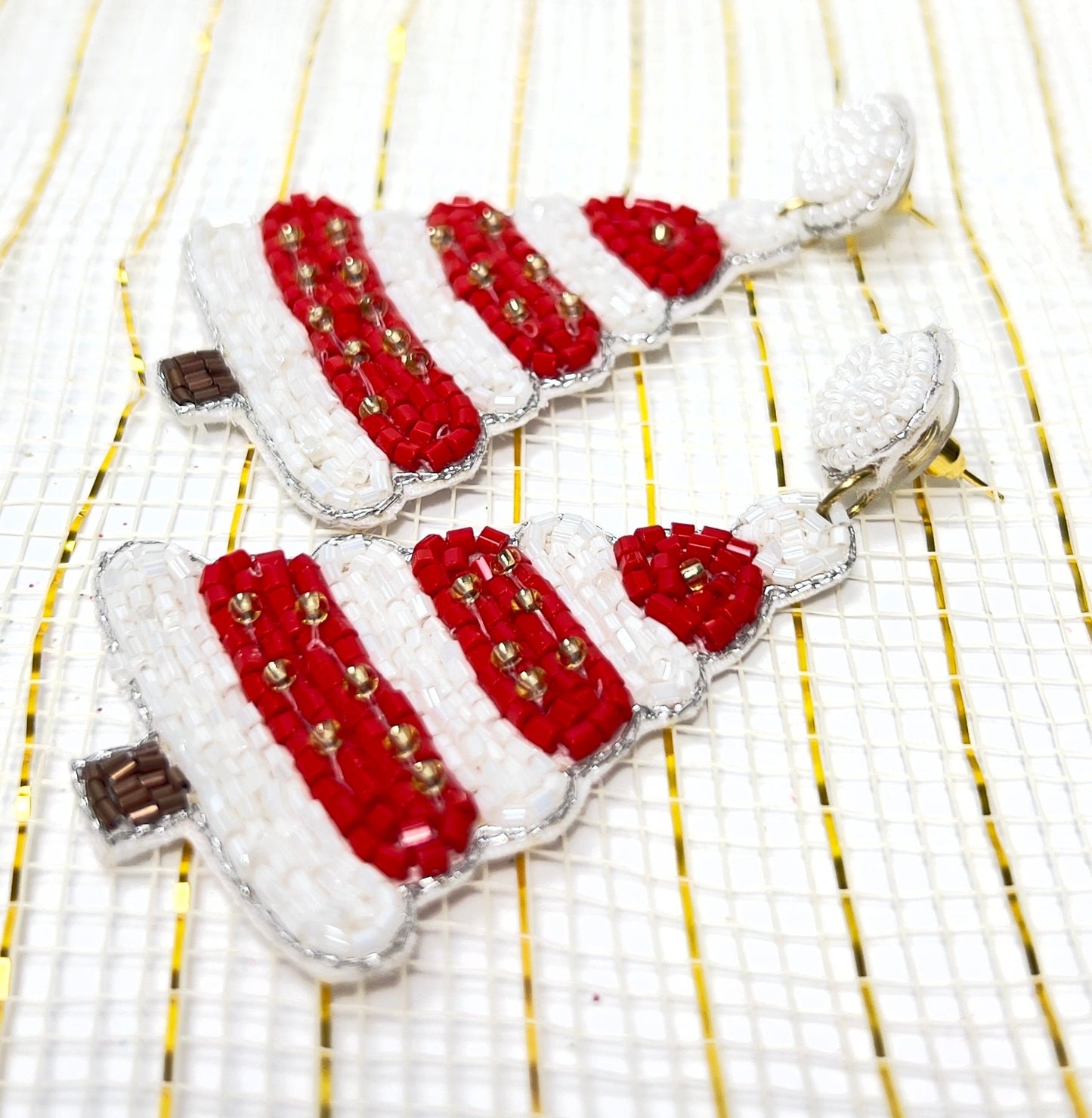 Handmade Beaded  Earring,  Tree Red & White