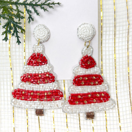 Handmade Beaded  Earring,  Tree Red & White