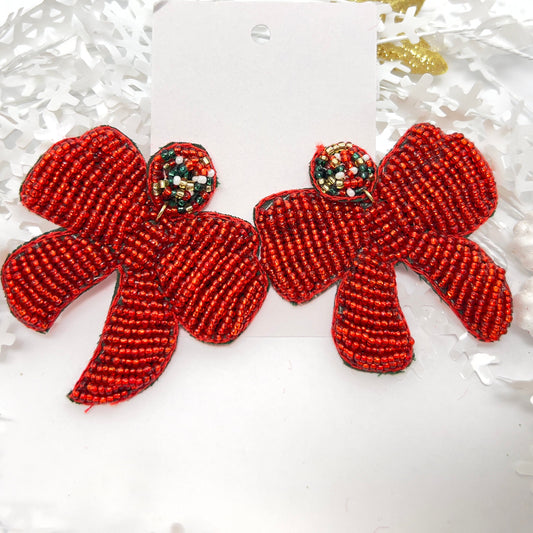 Handmade Beaded  Earring, Bow Red