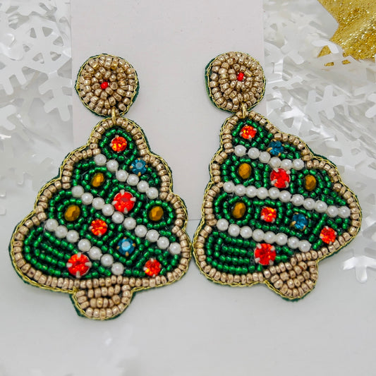 Handmade Beaded  Earring - Festive  Tree Green Jewelry