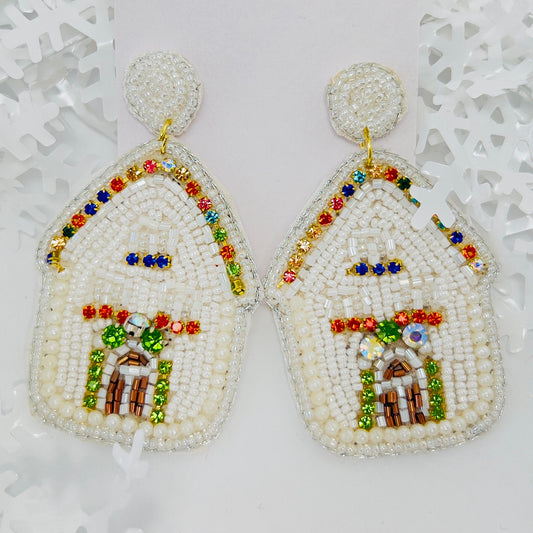 Handmade Beaded  Earring, GingerBread House White