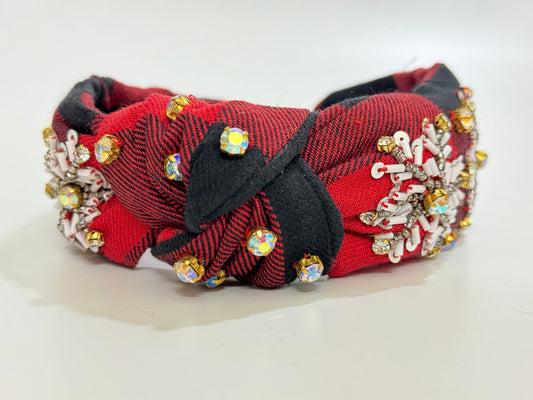 Festive Red Plaid: Handmade Knotted Jeweled Headband with Silver Beaded Snowflake - Holiday Eleganc