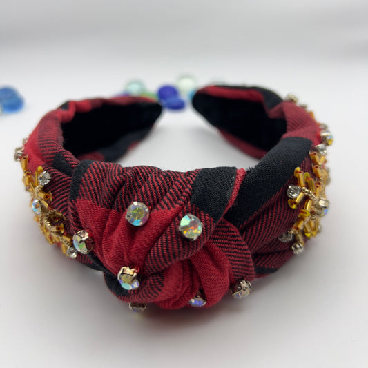 Festive Red Plaid: Handmade Knotted Jeweled Headband with Golden Beaded Snowflake - Holiday Elegance