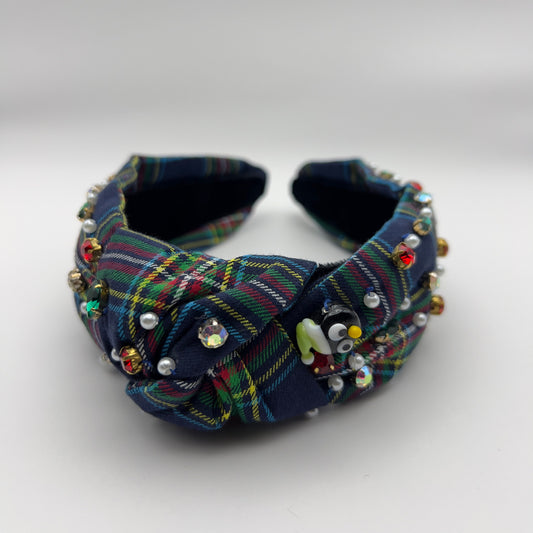 Winter Wonderland: Blue Tartan Plaid Knotted Jeweled Headband with Penguin Glass Bead - Handmade Holiday Accessory