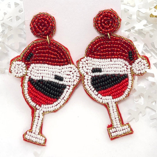 Cheerful Santa Cap on Wine Glass Earrings - Handmade Beaded Festive Jewelry for Merry Moments