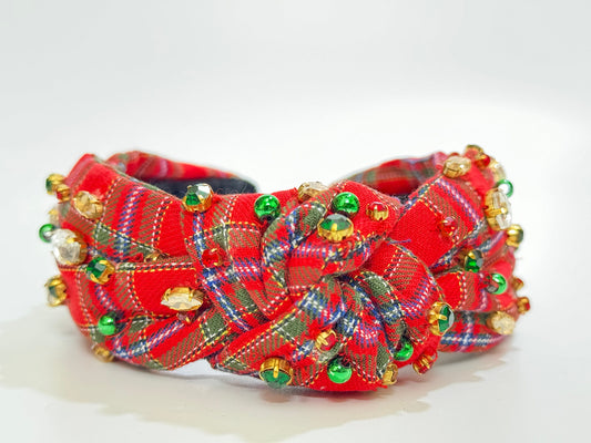 Festive Red Tartan: Handmade Knotted Jeweled Headband - Holiday Elegance