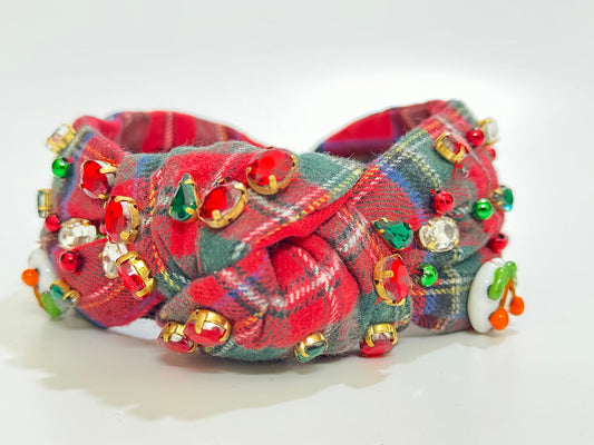 Festive Red Tartan: Handmade Knotted Jeweled Headband with Cherry Glass Bead - Holiday Elegance