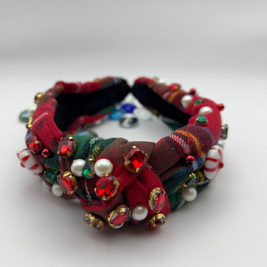 Festive Red Plaid: Handmade Knotted Jeweled Headband with Candy Cane Glass Bead - Holiday Elegance