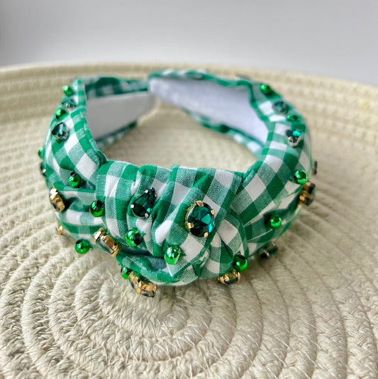 Handmade Gingham Headband, Jeweled Knot Headband, Game Day Headband, School Football accessories, Green Headband