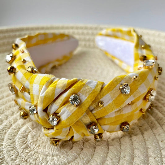 Handmade Gingham Headband, Jeweled Knot Headband, Game Day Headband, School Football accessories, Sunny Yellow Headband