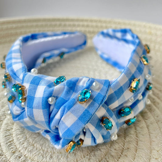 Handmade Gingham Headband, Jeweled Knot Headband, Game Day Headband, School Football accessories, Blue Headband