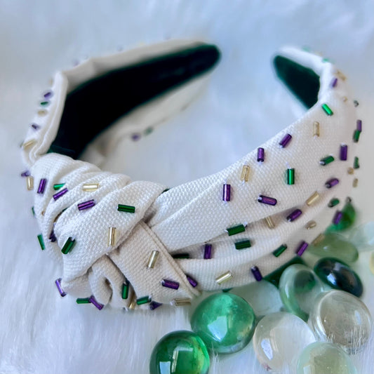 Mardi Gras 2024 Headbands, Handmade Beaded Headband,Knotted Headband,  Carnival, New Orleans headband, Elegant beaded,Nola Louisiana