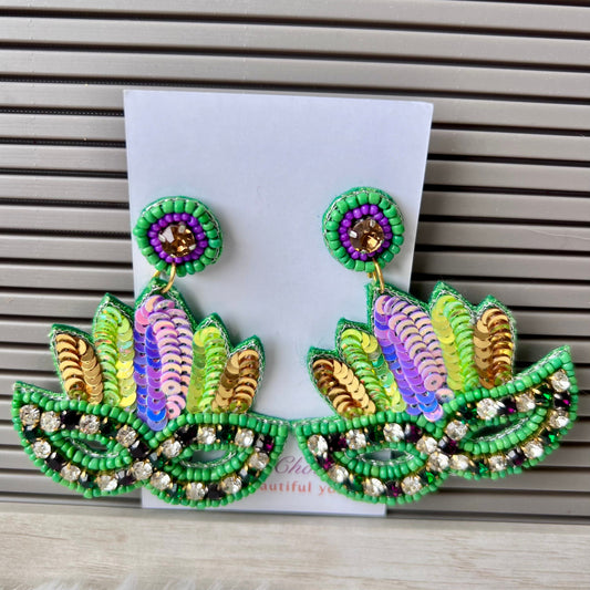 Mardi Gras Earrings, Handmade Beaded Earrings, Carnival, New Orleans,Nola Louisiana,Mask Earrings