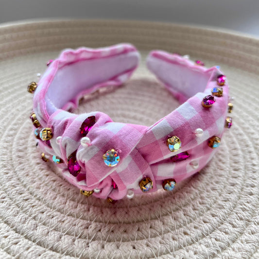 Valentine's Day Headbands,Handmade Gingham Headband, Jeweled Knot Headband, Game Day Headband, School Football accessories, Pink Headband