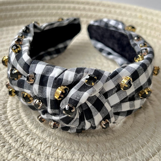 Handmade Gingham Headband, Jeweled Knot Headband, Game Day Headband, School Football accessories, Black Headband