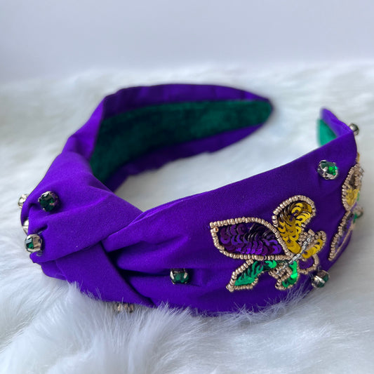 Mardi Gras Headbands, Handmade Beaded Headband,Knotted Headband, Carnival, New Orleans headband,Nola Louisiana,Fleur-de-lis Headband