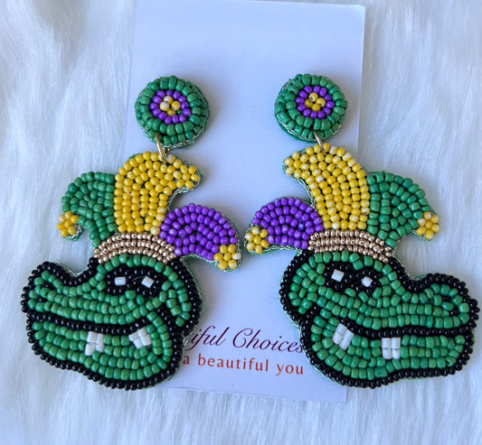 Gator Earrings, Mardi Gras Earrings, Handmade Beaded Earrings, Carnival, New Orleans,Nola Louisiana, Crocodile